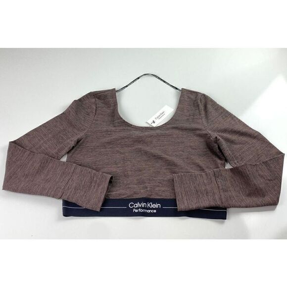 Calvin Klein Performance Stretch Long Sleeve Crop Top Womens XL  Brown AX0231 - Picture 1 of 8